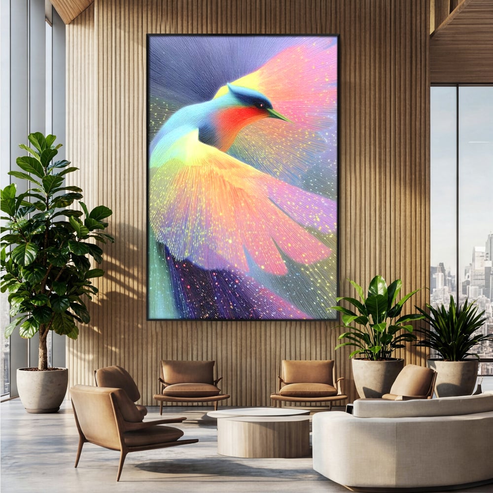 Tablou canvas cu tablou canvas cu pasare colorata in zbor, in rama de aluminiu negru, pe perete intr-un birou